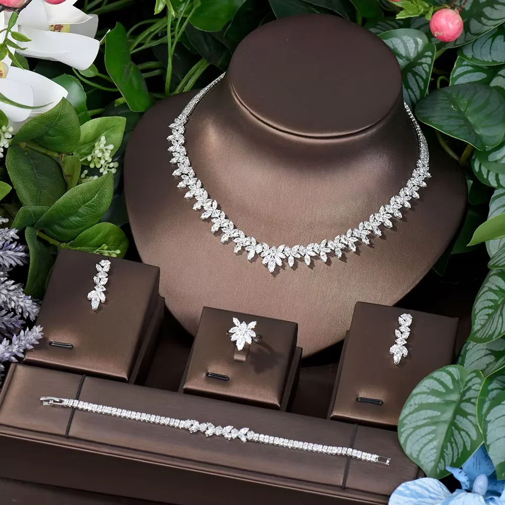 

Fashion Cubic Zircon Leaf Pendant Necklace and Earrings Set 4PCS Bridal Wedding Jewelry Set for Women Gifts Bijoux S-353