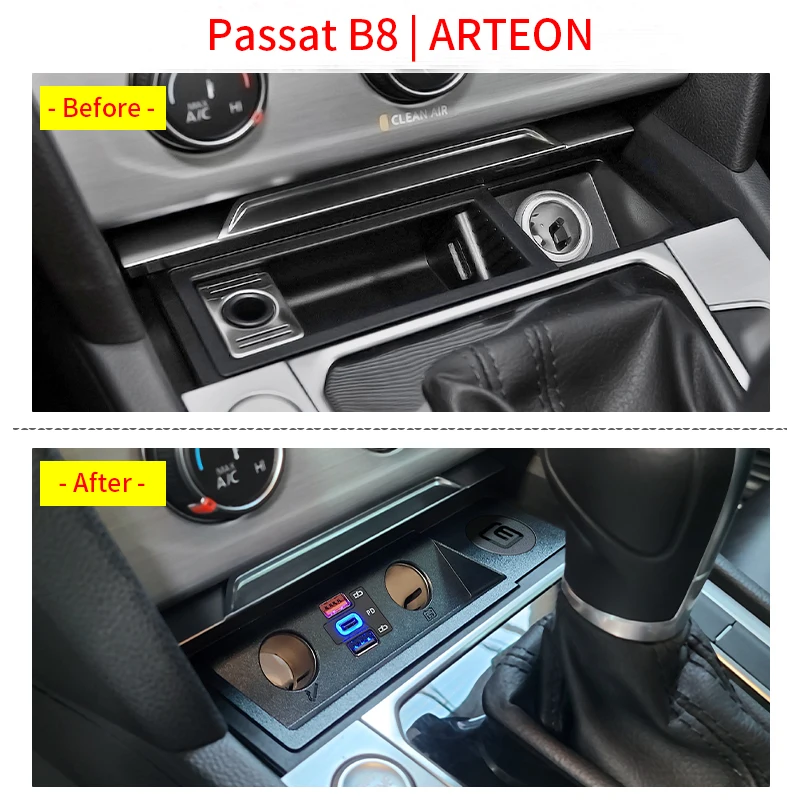 Carregador de carro para volkswagen passat b8/arteon carga rápida isqueiro duplo usb andtype-c pd3.0 2.0 para iphone xiaomi telefone