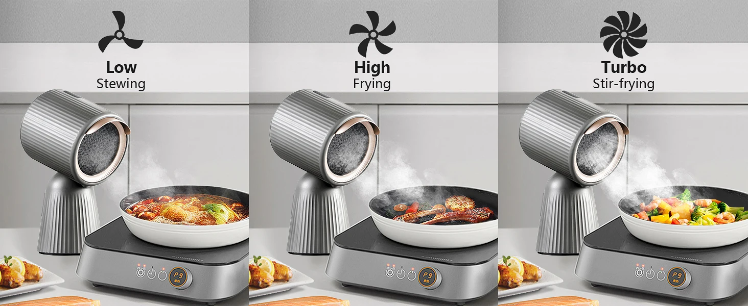 Topstrong Tragbarer Dunstabzugshaube mit 3 Geschwindigkeiten, leiser 55-dB-Küchenabluftventilator für Grill/Hot Pot, abnehmbare Filter, EU-Stecker (grau) – Detail 4