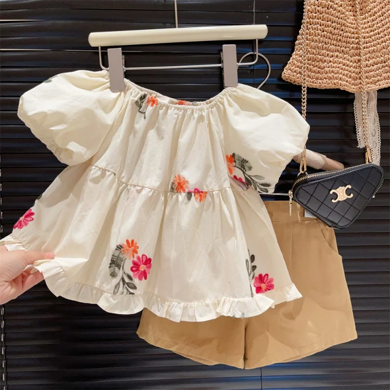 

Girls' Flower Short-Sleeved Blouse Shorts Suit2024New Summer Casual Children's Two-Piece Set-WSNY