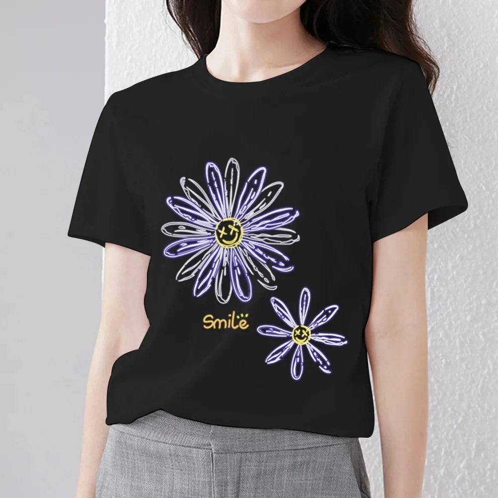 fashion little daisy temperament 3D digital printing AliExpress casual round neck short-sleeved small fresh black T-shirt tops