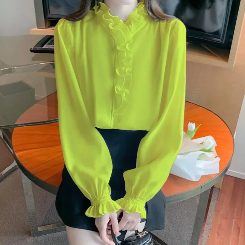 2024 NewFashion Blouse Long Sleeve All-matchSpring Top Tee Femaletemperament Ruffles Chiffon Shirts Women Clothing Solid Color