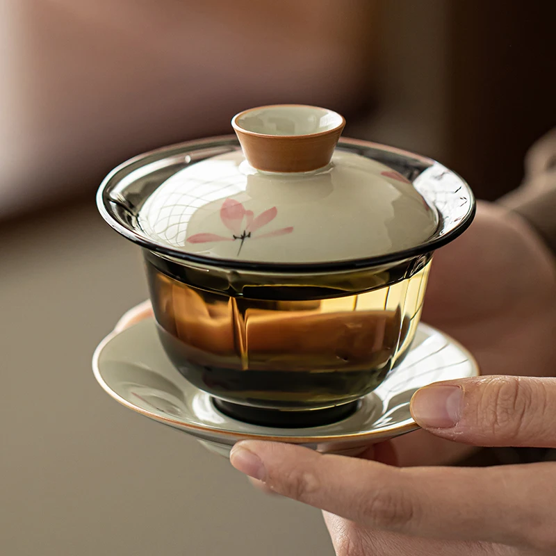 

150ml Chinese Hand-painted Orchid Gaiwan Handmade Ceramic Teacup Transparent Glass Tea Bowl Household Travel Portable Teaware