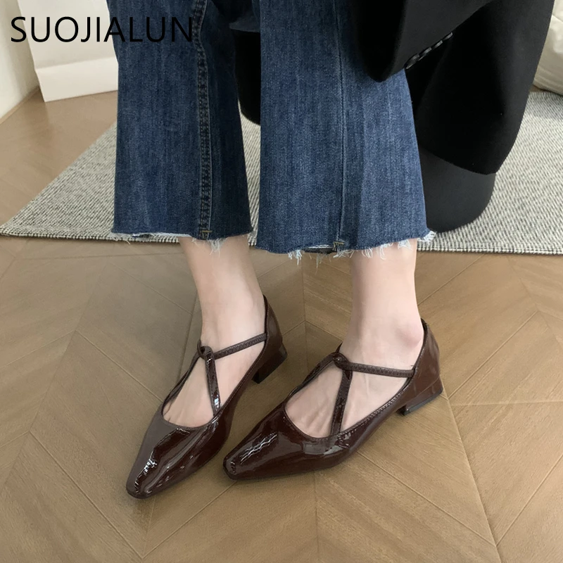 SUOJIALUN 2023 Autumn Women Flat Shoes Fashion Square Toe Shallow Ladies Elegant Ballerina Shoes Square Low Heel Ballet Shoes