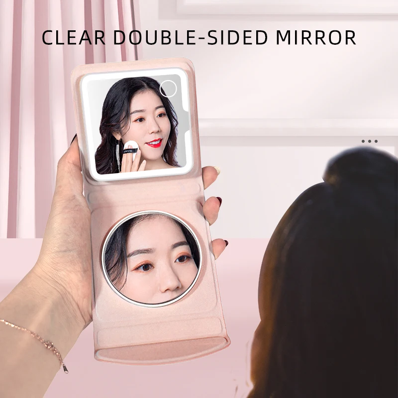 

Portable folding double-sided makeup mirror LED Pu vanity mirror handheld pocket mirrors for woman
