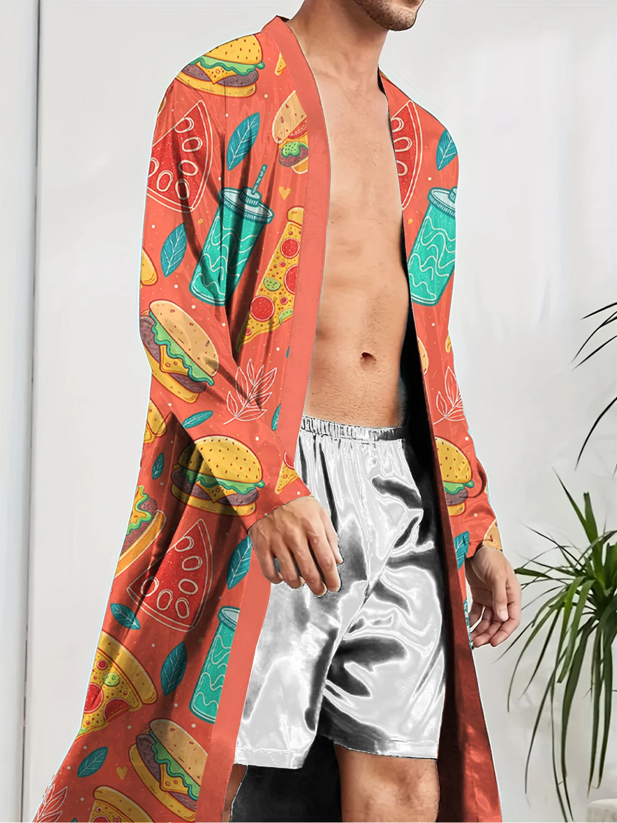 Men's long robe with digital printing, red background hamburger combo pattern, casual and entertainment home nightgown