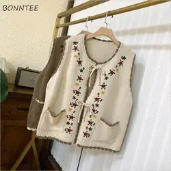 Knitted Vests Women Tender Sweet Floral Embroidery Vintage Indie Folk Casual Sleeveless Warm Girlish All-match Streetwear Mujer