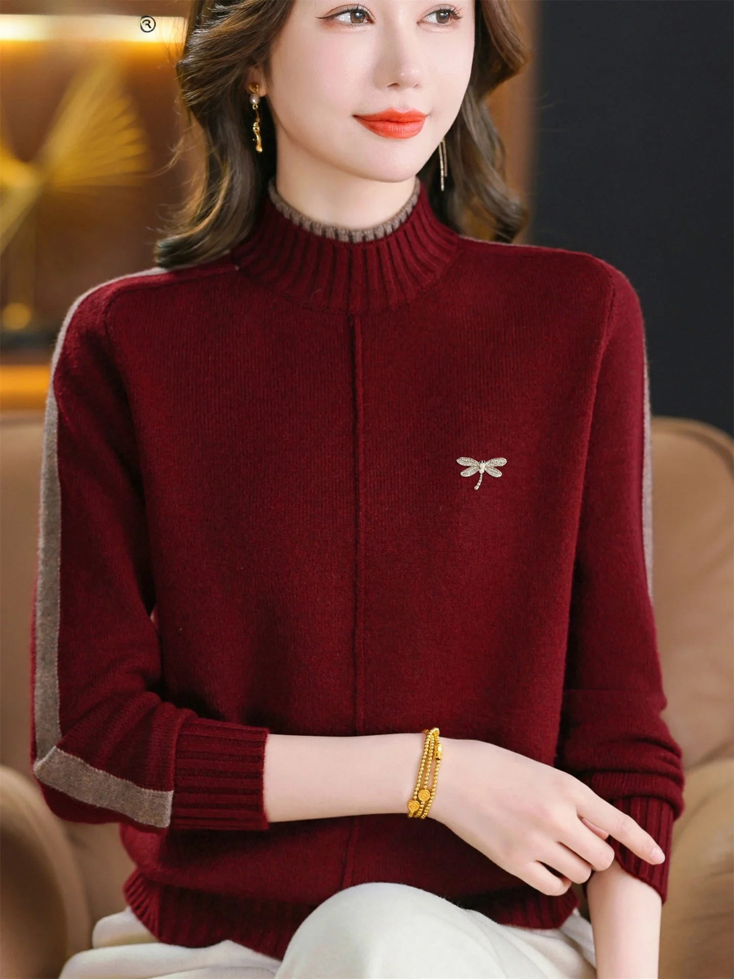 

Thiened f-High Collar Knitted Sweater Warm Base Layer Top plus Size Slimming Boting irt for Middle-Aged And ly...