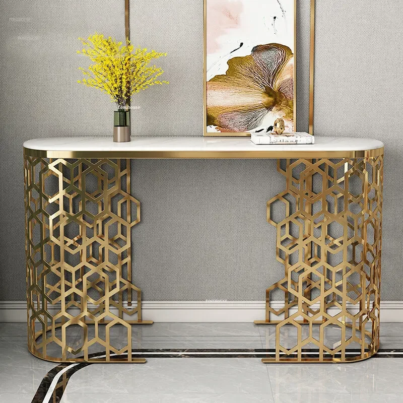 Simple Console Tables Stainless Steel Hollow Porch Cabinet  Hotel Console Table Semi-circle Table Against Wall Narrow Side Table