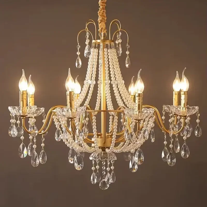 French Crystal Pearl Chandelier American Mid-ancient Light Fixtures for Villa Living Room Dining Room Bedroom Hotel