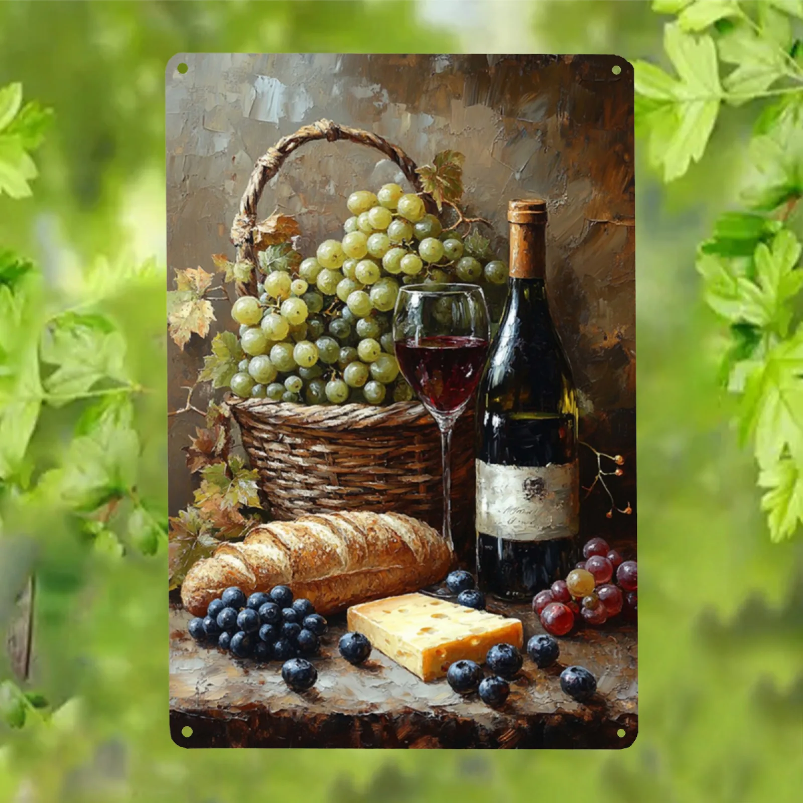 A Vintage Wine And Grape Trellis Art Sign - Rustic Cottage Decor Featuring Vines, Bottles, Cheese, And Grapes - 19.81X29.97 C