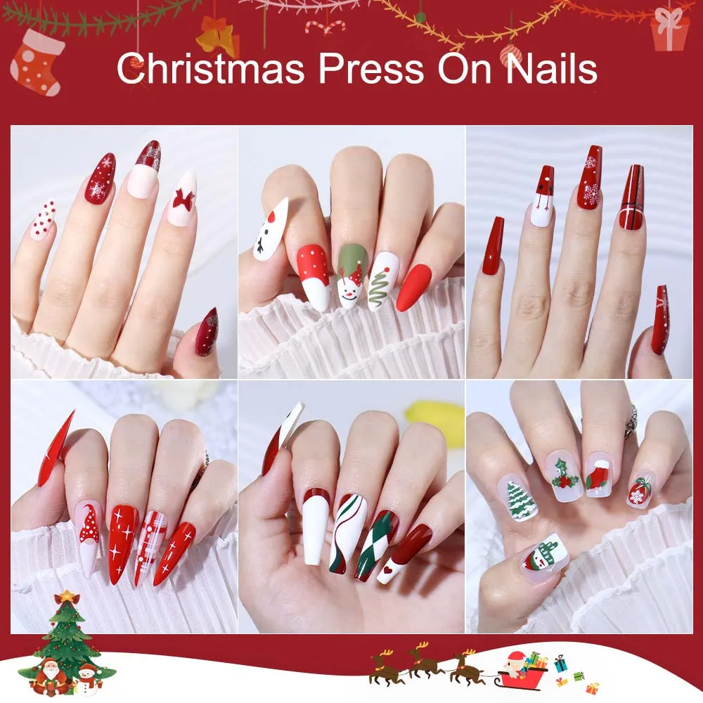 24 قطعة من الأظافر المزيفة المتوسطة الطول لحفلة عيد الميلاد، أطراف اللوز المربعة لعيد الميلاد، هدية ندفة الثلج، اضغط على مجموعة فنية للأظافر الصناعية #4