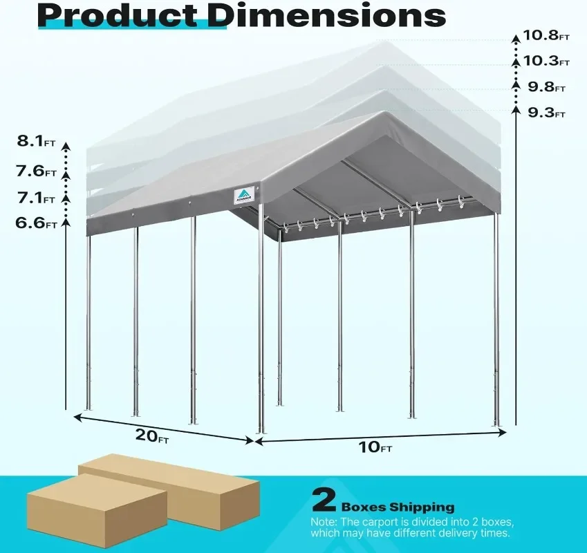 ADVANCE OUTDOOR 10x20 ft Heavy Duty Carport Potable Car Canopy Garage Party Tent Boat Shelter, Adjustable Height from 9.5 ft
