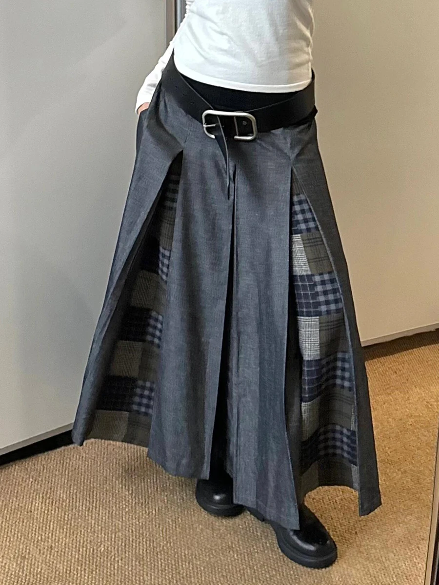 ReddaChic Color Block Checkered Maxi Long Skirt Retro Gray Plaid Stitch Low Waist A-line Pleated Skirt Korean Women Streetwear