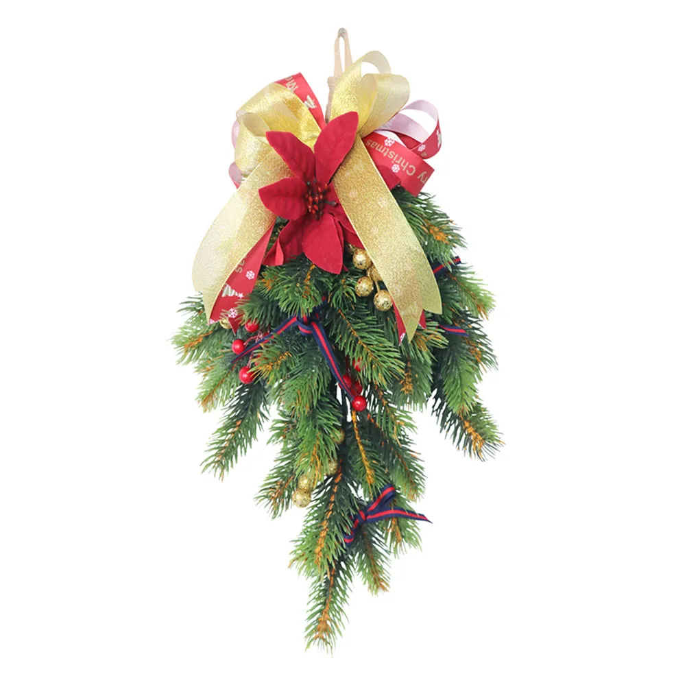 

1pc Christmas Tree Pendant 45X25Cm Festive Party Decorations Pine Branch Hanging Simulation Soft Plastic Upside Down Bow Ribbon