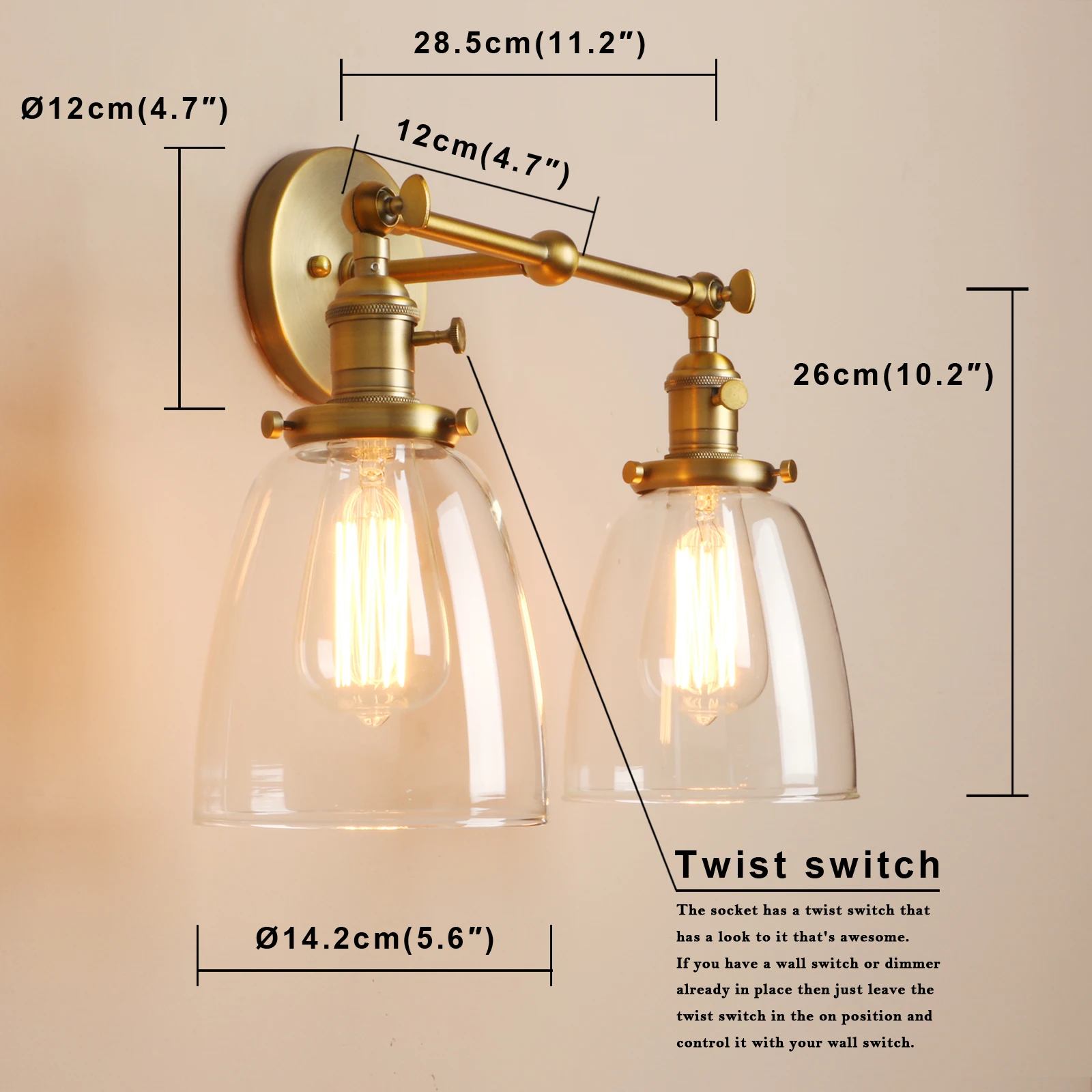 Phansthy Dubbele Schans Vintage Industriële Antieke 2-Lamps Wandkandelaars Met Ovale Kegel Heldere Glazen Kap