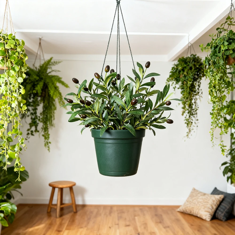 35 cm künstlicher Olivenzweig, künstliche Pflanzen, grüne Olivenblätter, Schaumbeere, kleine Palmfrucht für Zuhause, Garten, Hochzeit, Party, Dekoration – Detail 6