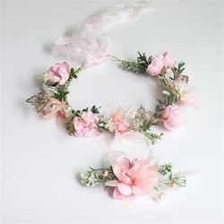 2Pcs Women's Garland Pink Pearl Butterfly Wristband Bohemian Bride Headwear Children's Performance Princess Flower Wreath Crown