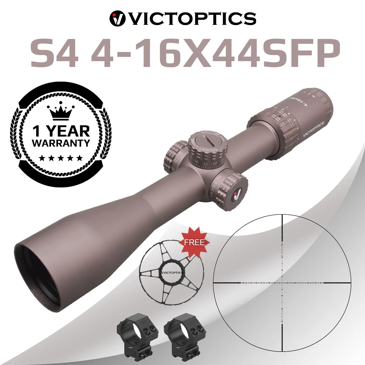 VictOptics-mira telescópica S4 4-16x44 SFP Coyote FDE, retícula de patente de diseño personalizado, exclusiva para pistolas de aire y armas de fuego, compatible con AR 15