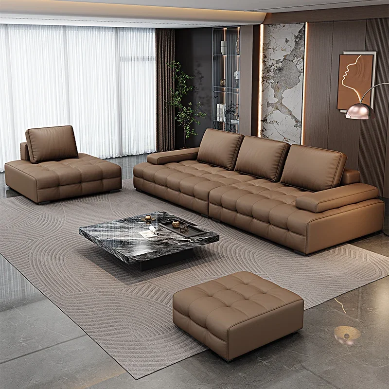 Modernes, minimalistisches neues Leder-Wohnzimmer Lawrence, italienisches, leichtes, luxuriöses, gerades L-förmiges, faules, weiches Tatami-Lounge-Sofa