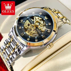 OLEVS Automatic Watch for Men Gold Stainless Steel Skeleton Hollow out Waterproof High Quality Luxury Business Mechanical Watch