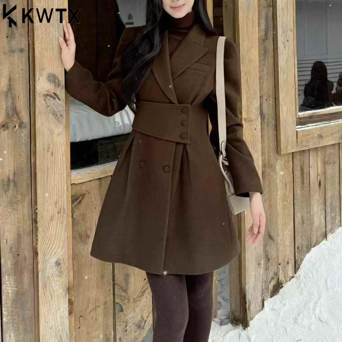 

KWTX женское платье из 100% шерсти, однотонное пальто миди с воротником с лацканами, однобортное, с поясом, элегантное, винтажное, шикарное, повседневное, осенне-зимнее, высокое