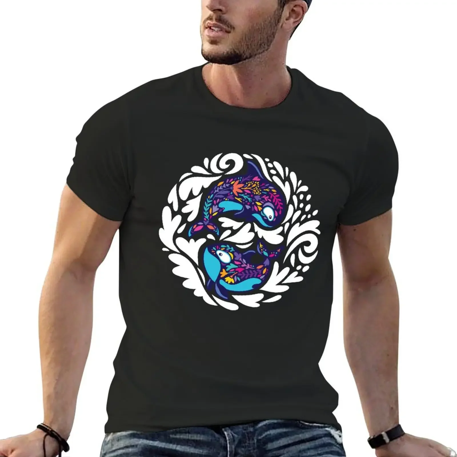 Floral Orca Whales T-Shirt oversizeds korean fashion Blouse shirts graphic tee t shirt men 100℅ cotton