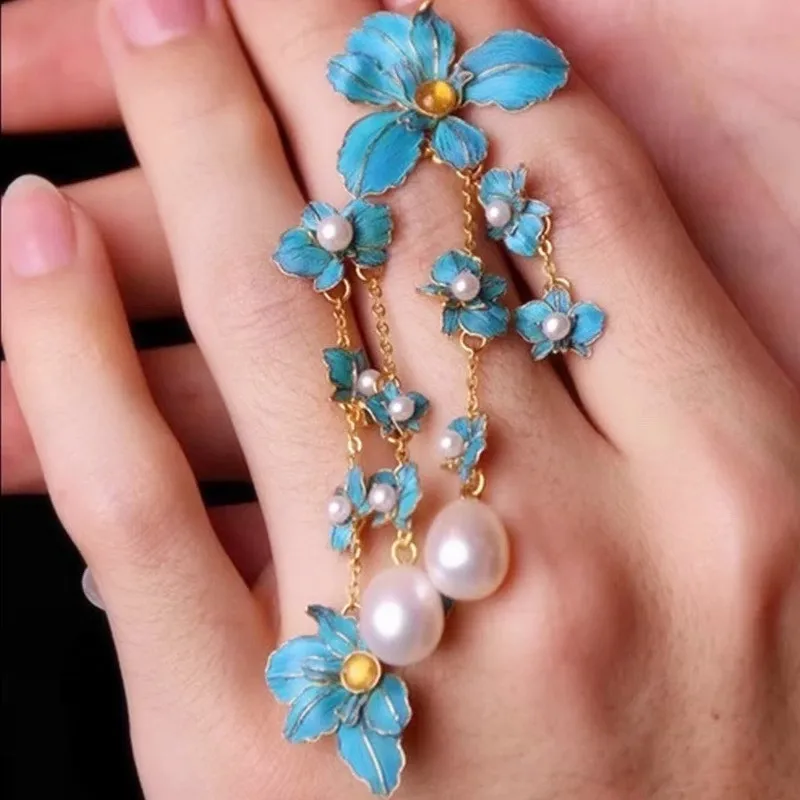 

Statement Blue Flower Tassel Long Dangle Earrings For Women 2025 New Elegant Fashion Jewelry Earings