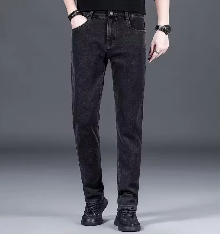 

Свободные прямые мужские джинсы, эластичные деловые повседневные длинные брюки, осень-зима, элитные хлопковые эластичные джинсовые брюки со средней талией Zi...