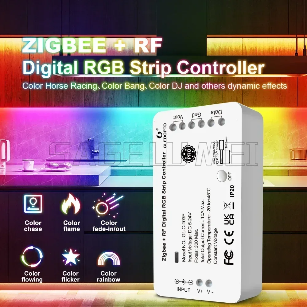 GL-C-103P 5-24V Gledopto LED Pixel Controller Addressable Strip Dynamic Lighting Effect For WS2811/2812 Flexible RGBIC ZigBee RF