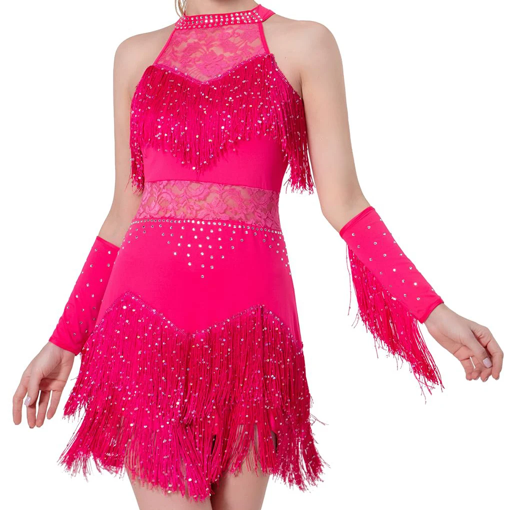 Latein-Tanzkleid mit Armband, Damen, Spitze, Strass, Fransen, Samba, Rumba, Tango, Gesellschaftstanz, Performance, Wettbewerbskostüm