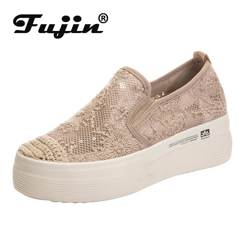 Fujin 7cm Lace Air Mesh Women Summer Shoes Slip on Fashion Sneakers Platform Shoes Wedge Heel Slipony for Female Breathable Shoe