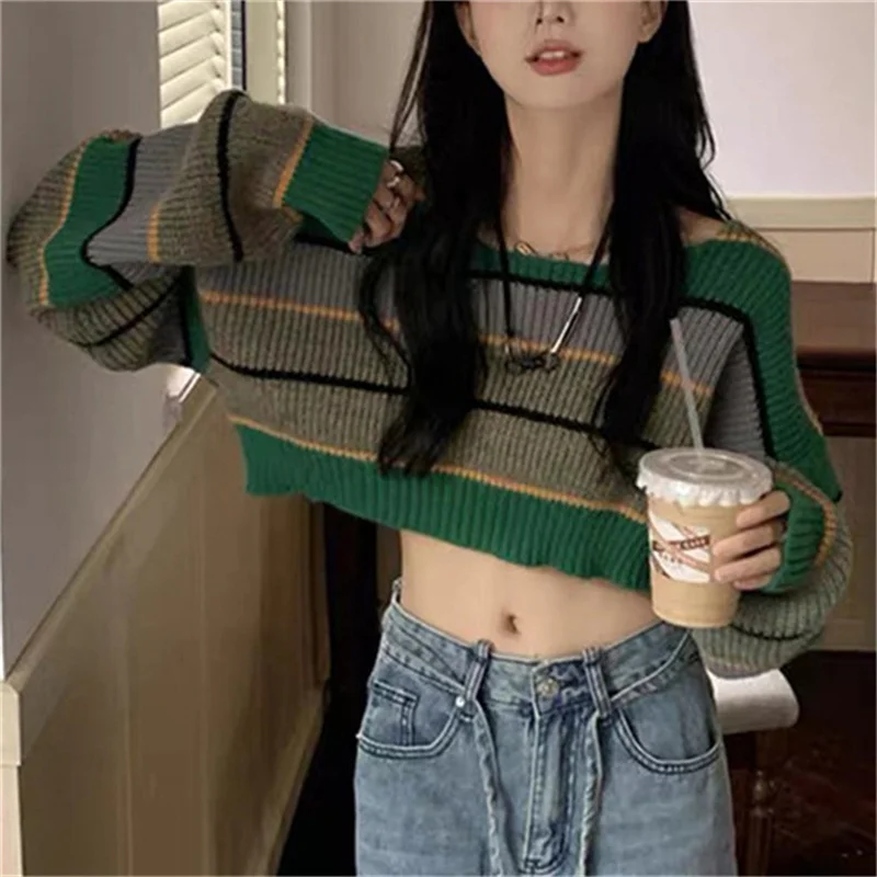 Short Lazy Style Contrast Striped Sweater Women Autumn 2023 New Spicy Girl Pullover Cropped Knitted Y2K Top
