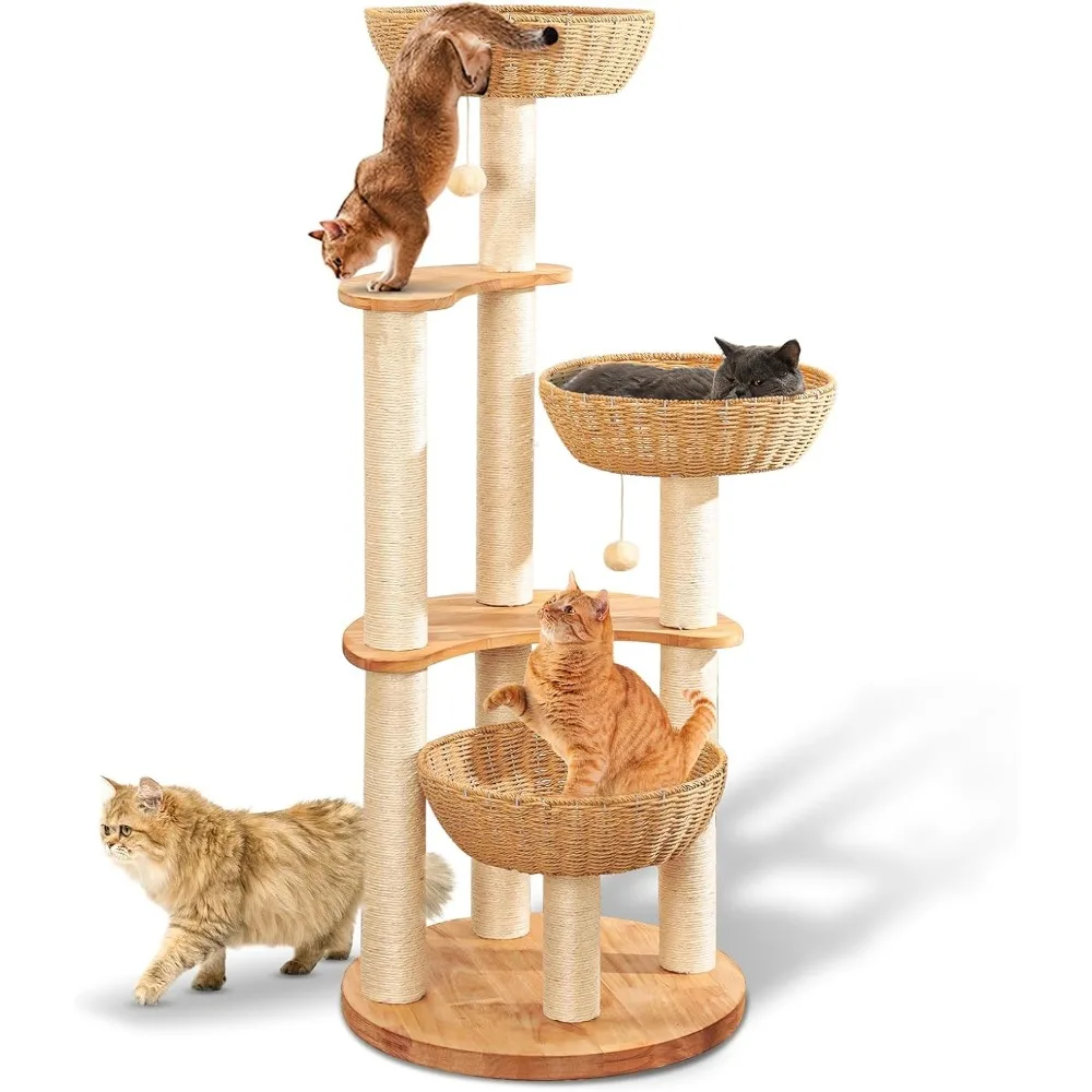 

54" Modern Cat Tree Tower Oak Cat Scratching Tree for Multiple Cats, Manual Hand Woven Luxury Cat Condo, Unique High-end Design