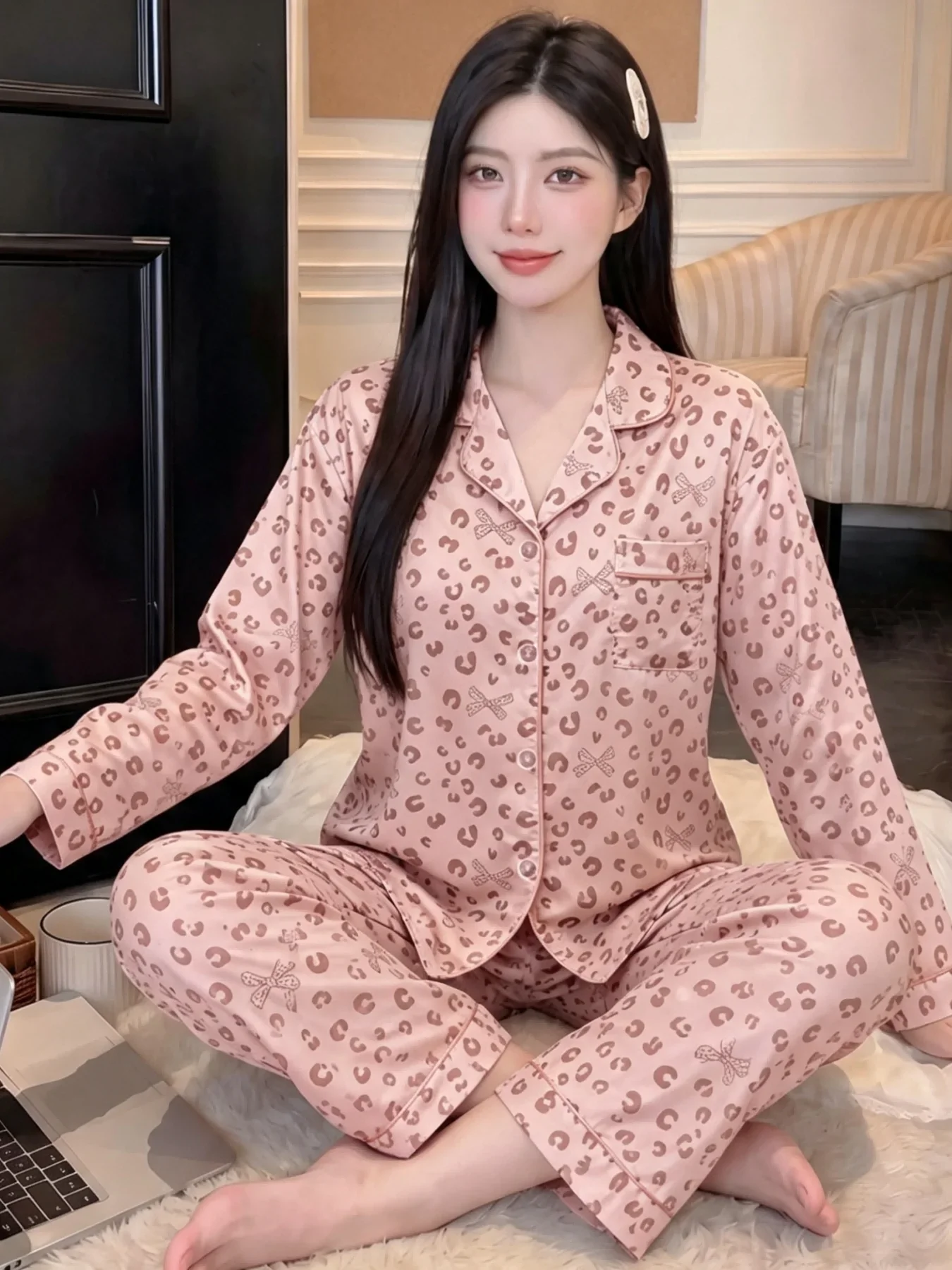 Leopard Print Bow Pajamas Women 2 Piece Set French Fashion Aesthetic Sleepwear Lapel Neck Autumn Sweet Pajamas Set for Women