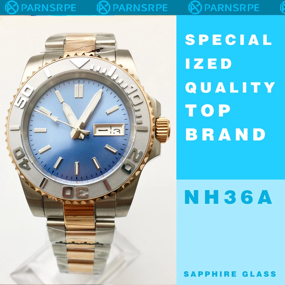 40mm Blue Dial NH36 Day Display Sapphire Glass Mechanical Automatic Men Watch Rose Gold Case