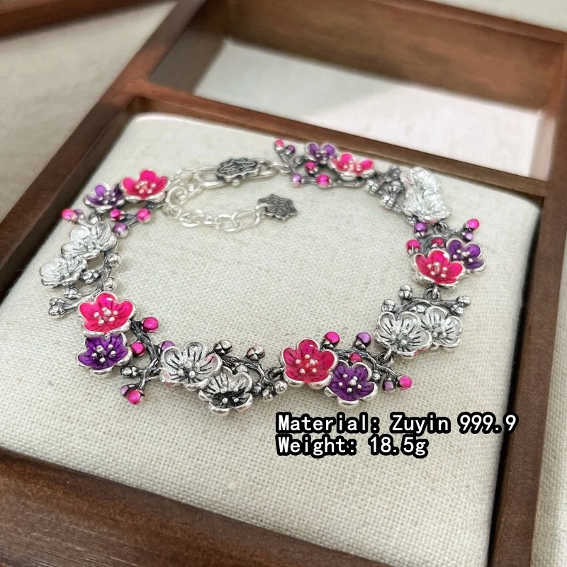 True S999 Silver Handmade Charm Jewelry for Women's Retro Plum Blossom Bell Bracelet Burnt Blue Enamel Color Birthday Gift