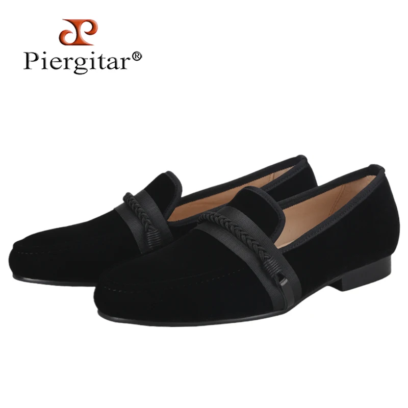 Piergitar Ethnic Style Luxurious Velvet Men's Loafers Handmade Woven Rope Strap Slip-On Smoking Shoes For Party And Banquet Wear