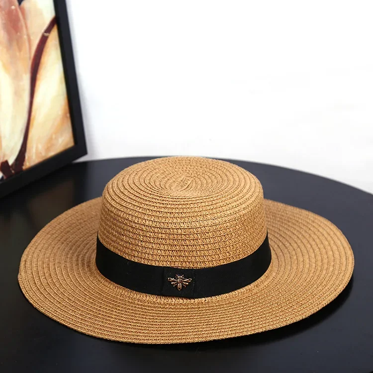 2021 Brand European and American Retro Ladies Sun Hat Bee Straw Hat Fashion Wide Brim Sunscreen Travel Sunshade Flat Top Hat