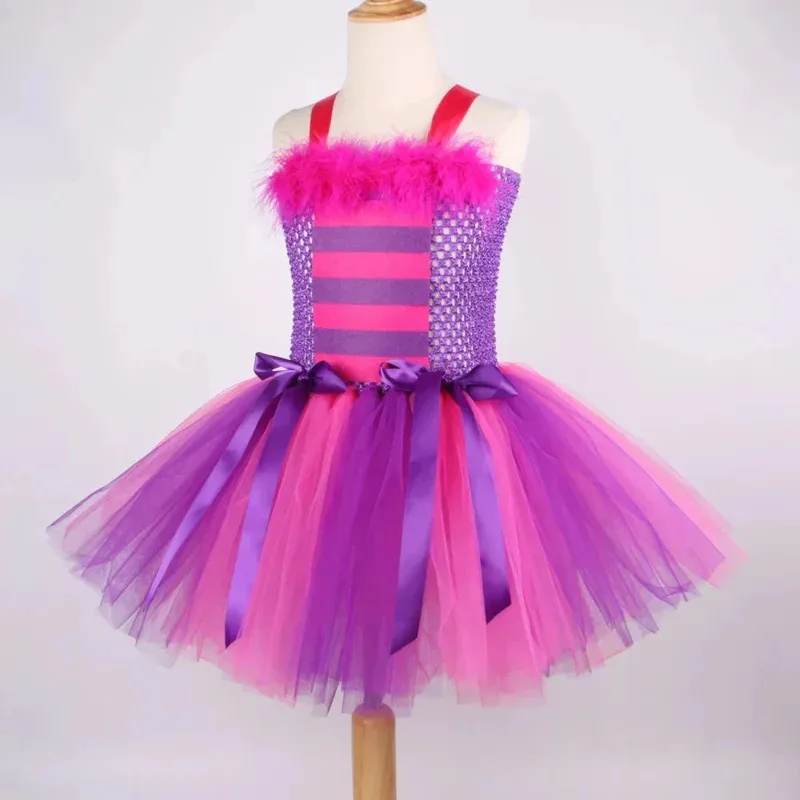 Alice Cheshire Cat In Wonderland Costume Baby Girls Tutu Dress Purple Cartoon Tulle Party Dress Kids Halloween Cosplay Costume