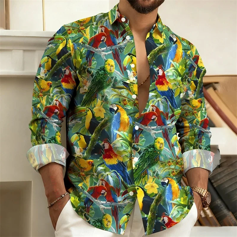 New Men's Tropical Plant Print Long-Sleeved Shirt, Featuring a Unique Flamingo and Parrot Pattern, a Stylish and Casual Top.