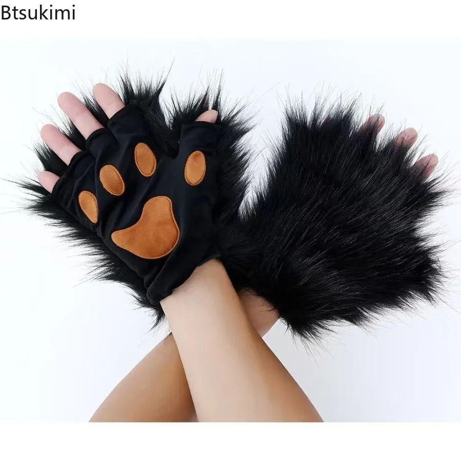 

Перчатки с волчьей лапой, варежки без пальцев из искусственного меха, костюм для косплея на Хэллоуин, реквизит, зимние теплые перчатки с половиной пальца, аниме-набор, аксессуары
