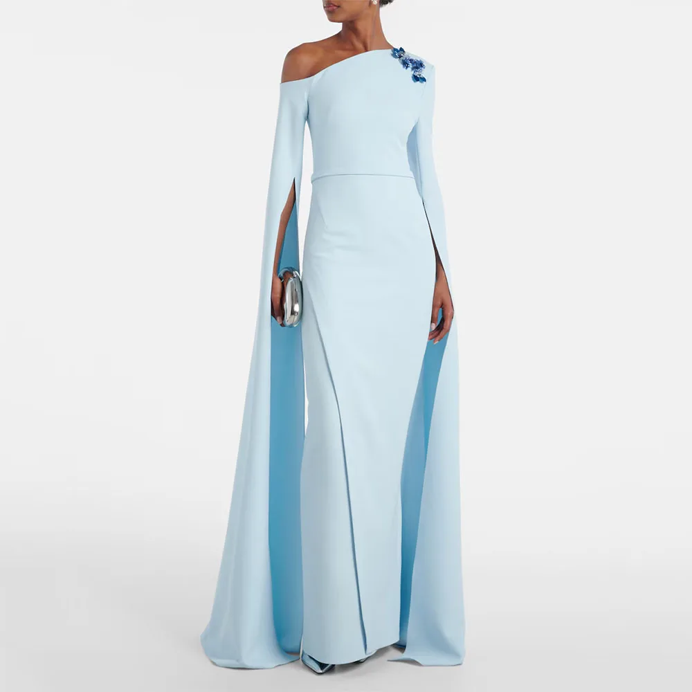 

Небесно-голубое женское вечернее платье Русалка длиной до пола, вечернее платье на одно плечо с длинными рукавами, Саудовское платье, платье для выпускного вечера с бисером