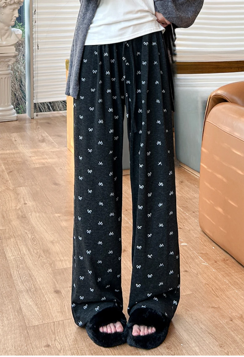 Women's Lounge Pants Drawstring Elastic Waist Cute Bow Print Wide Leg Pajama Pants Teen-girl Bottoms Youth Clothes