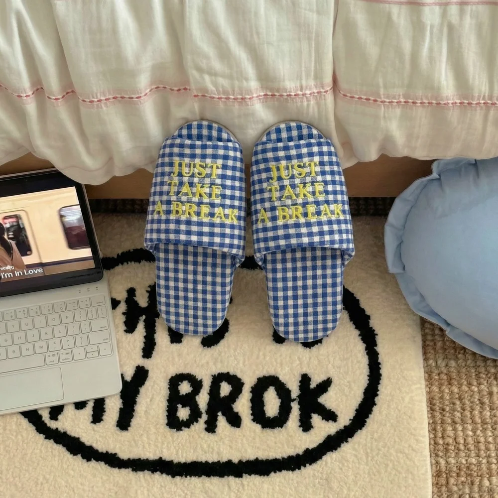 Retro Linen Slide Slippers Women Letter Embroidery Plaid House Slippers Breathable Non Slip Open Toe Indoor Home Sandals