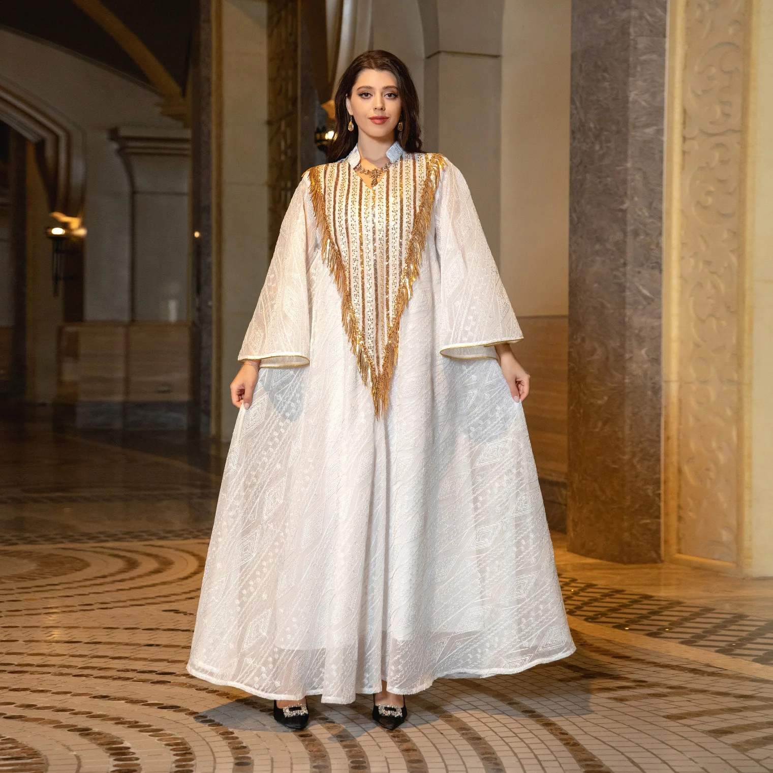 Ramadan Muslim Evening Dress for Women, Mesh Embroidered, Sequin Robe, Middle Eastern, Moroccan, Luxury, Arab, Dubai