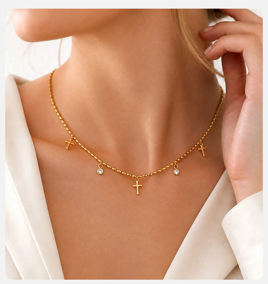 Vnox Schickes Zirkonia-Kreuz-Charm-Armband für Frauen, Edelstahl, vergoldet, mit olivfarbenen Perlen, religiöser Gebetsschmuck. – Detail 8