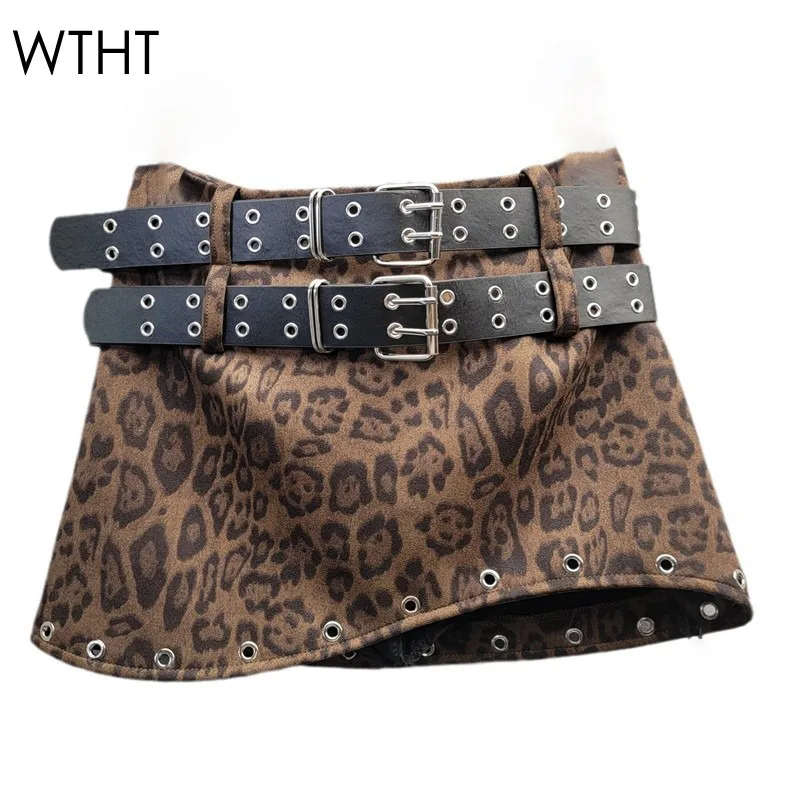 WTHT New Fashion Women Leopard Print Suede Fabric Mini Skirts 2024 Autumn Trendy Double Belt Design Wrap Hip Skirt Female 1LS141