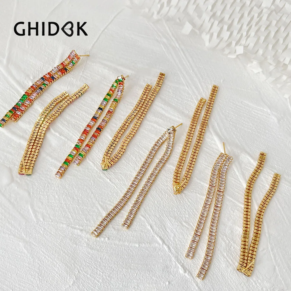 Ghidbk Fashion Bling Rainbow Cubic Zircon Long Tennis Chain Drop Baguette Earrings For Women Copper Crystal Party Jewellery