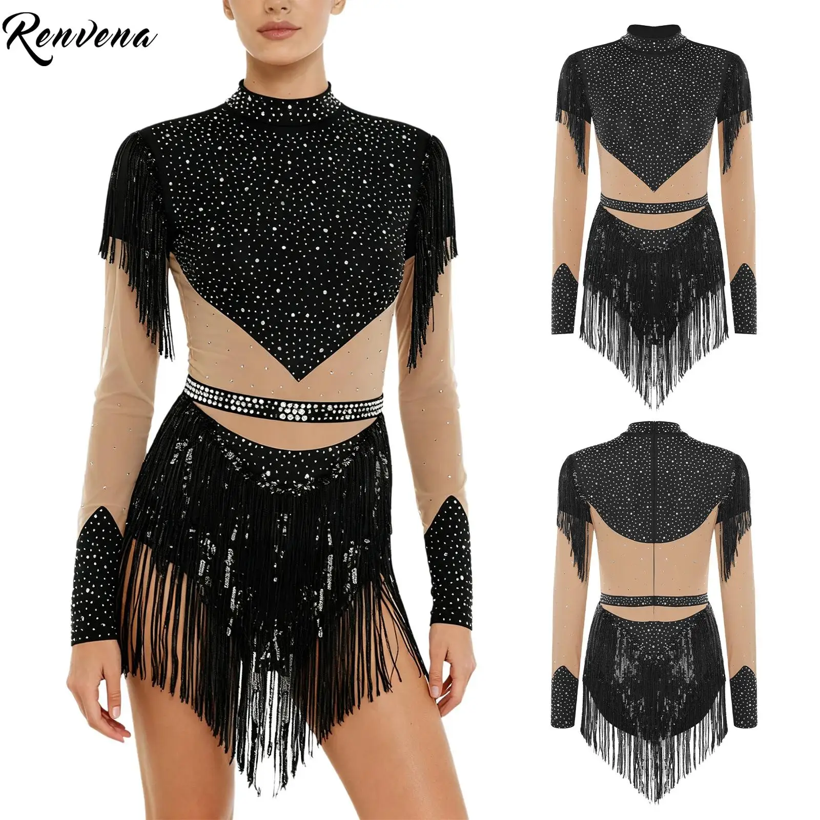 

Женское трико для фигурного катания, платье со стразами, гимнастическое тренировочное боди с юбкой и длинными рукавами, блестящая кисточка для ча-ча